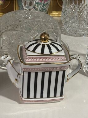 Pink, Black & White Striped Porcelain Teapot with Gold Trim